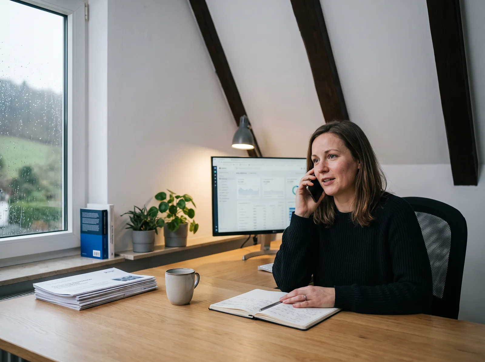Arbeitsplatz unter einem Dachfenster: eine Person telefoniert und macht sich Notizen, daneben ein Bildschirm mit einer Auswertung, davor ein Stapel gedruckter Berichte.