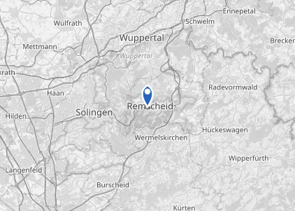 Übersichtskarte des Bergischen Landes und des Rheinlands mit markiertem Bürostandort in Remscheid, umgeben von Wuppertal, Solingen, Düsseldorf und Köln.
